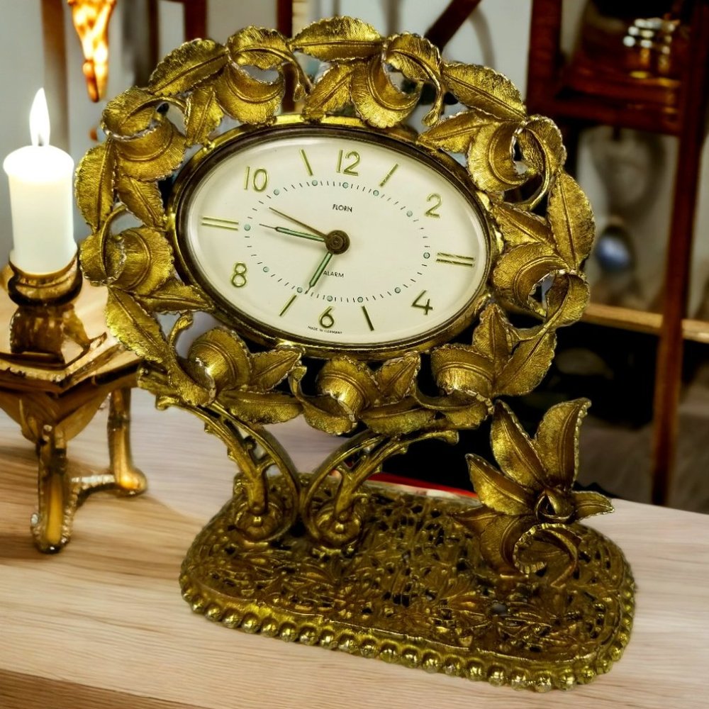 German Ormolu Table Alarm Clock Rare "Florn" Wind Up 24k Gold Gilt Ornate Crest